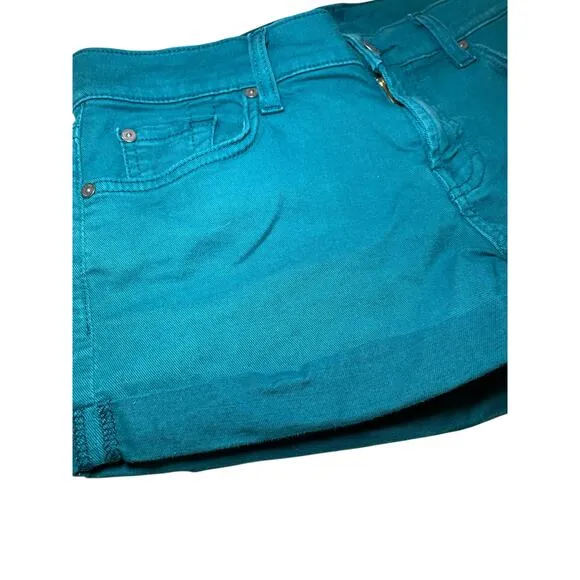 7 For All Mankind Women 27‎ Teal Denim Shorts Mid Rise Cuffed Style Jean Shorts - Image 3