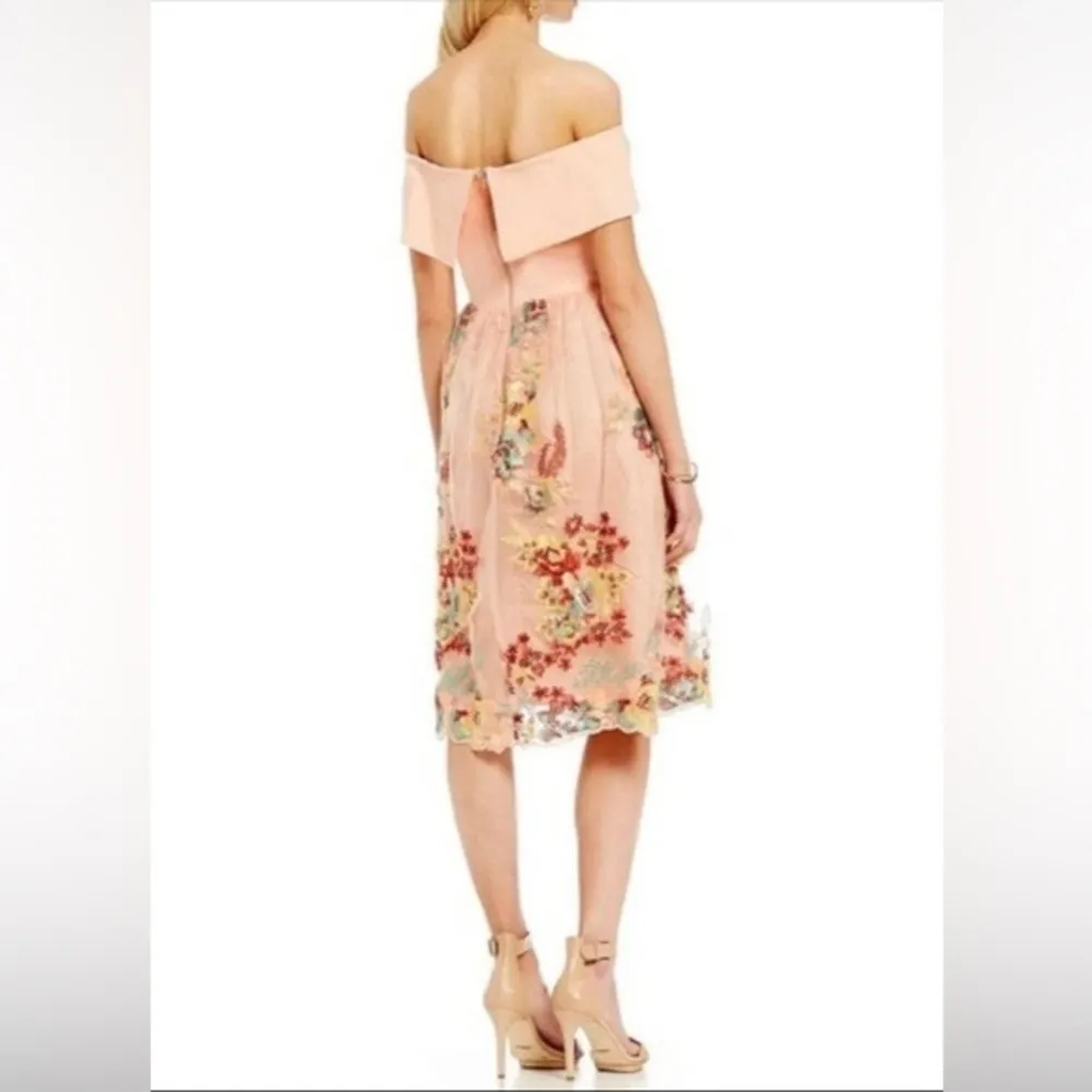 Laura Peach Pink Floral Off the Shoulder Fit & Flare Midi Dress - S - Image 2