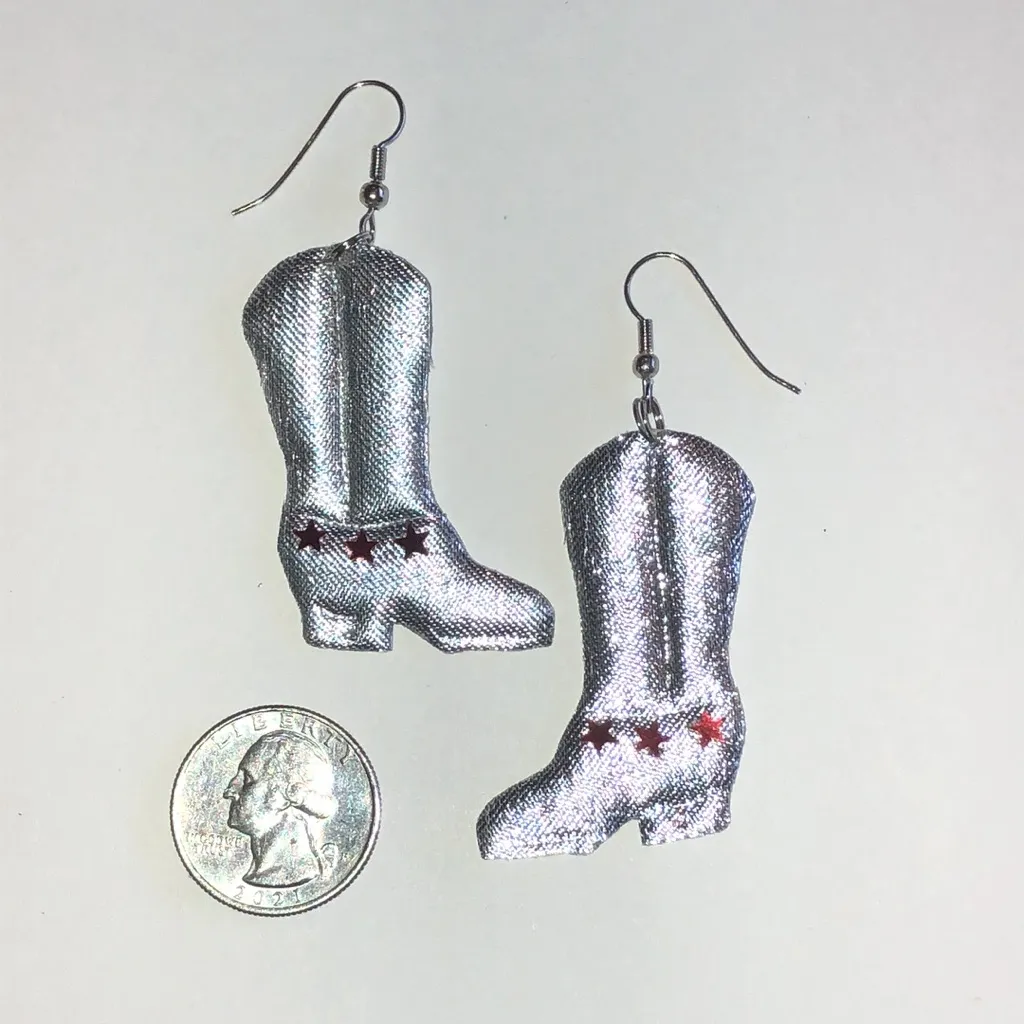Silver Tone Fabric Cowboy Boot Earrings with Red Stars - Image 4