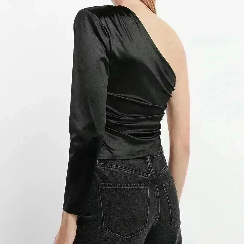 Express Satin Draped One Padded Shoulder Ruched Top - Image 2