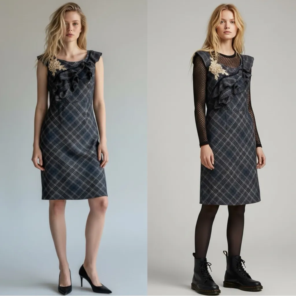 Anthropologie Floreat Tartan Plaid Wool Retro 50s Ruffle Floral Dress 2 Punk - Image 2