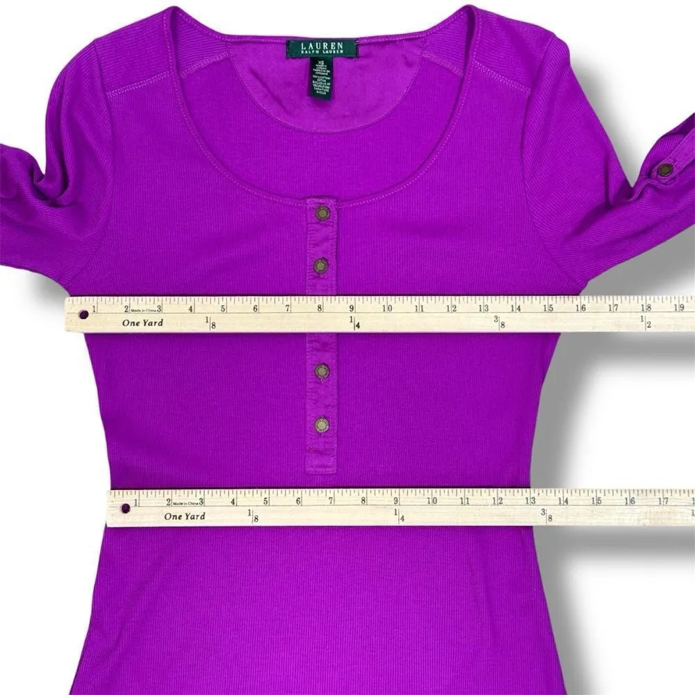 Lauren Ralph Lauren Ribbed Jersey Knit Henley Fit Flare Dress Purple‎ XS - Image 11
