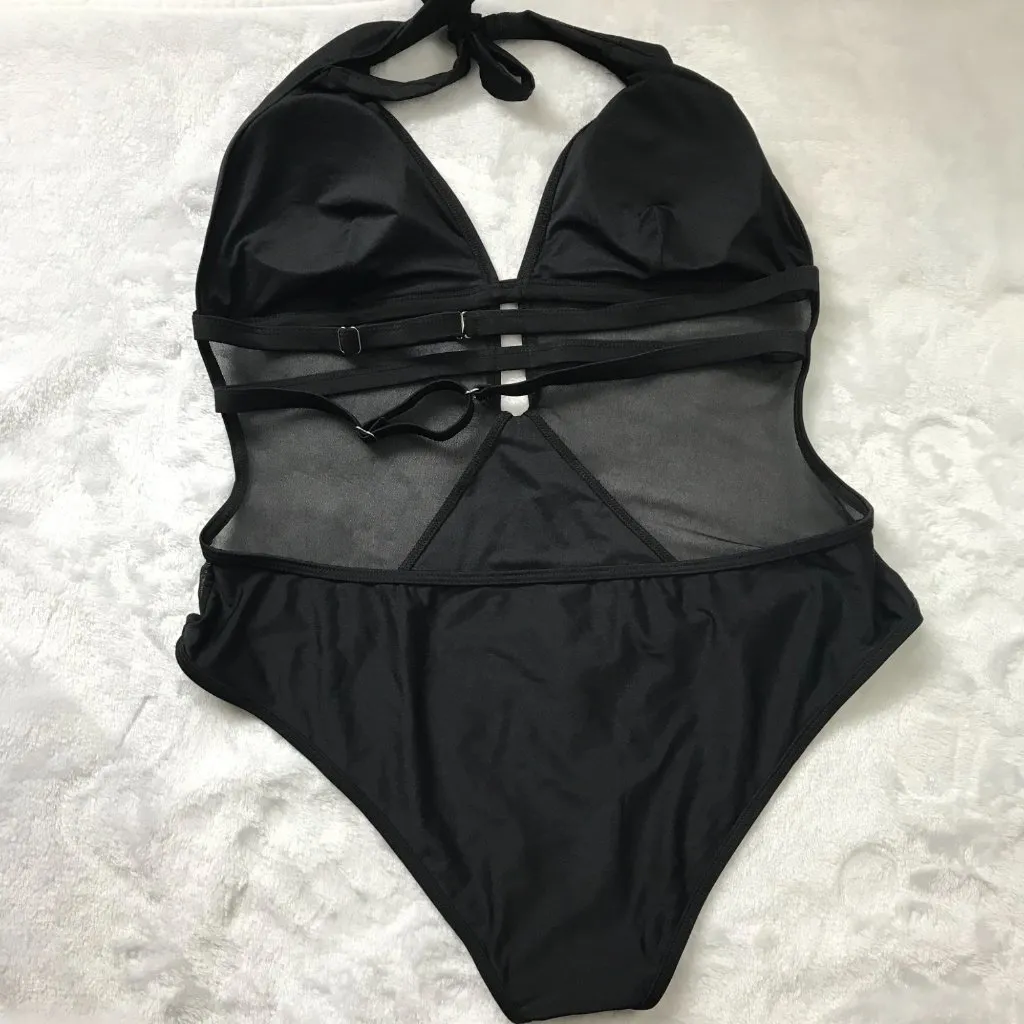 Cupshe Mesh Black‎ One Piece Swimsuit Women's XL V Neck Halter Bathing Suit NEW - Image 8