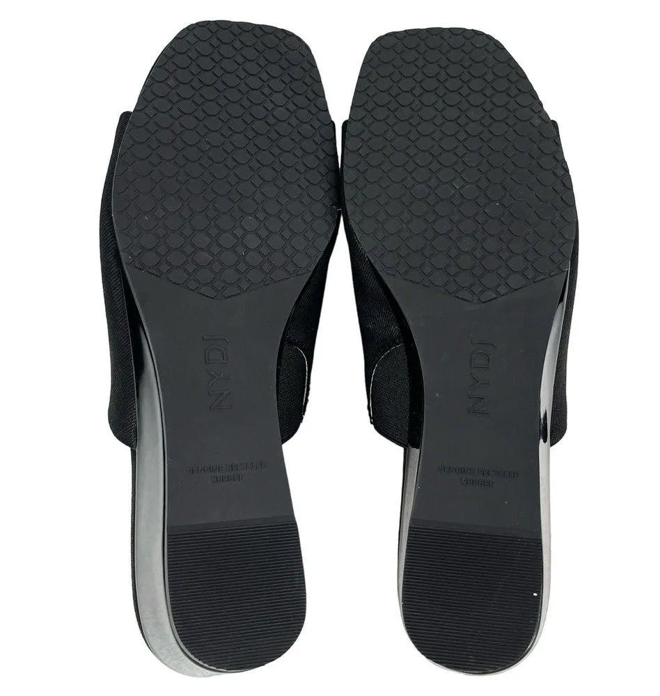 NYDJ Claudine Wedge Mule Sandals Black Canvas Slip-on 8 Patent Wedge New - Image 4