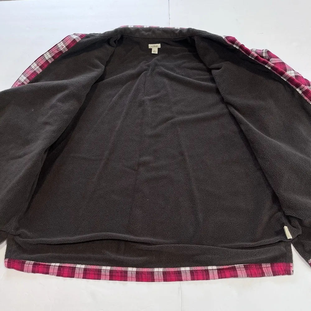 LL Bean Pink Plaid Fleece Lined‎ Flannel Shirt Jacket Shacket Size LARGE - Image 4