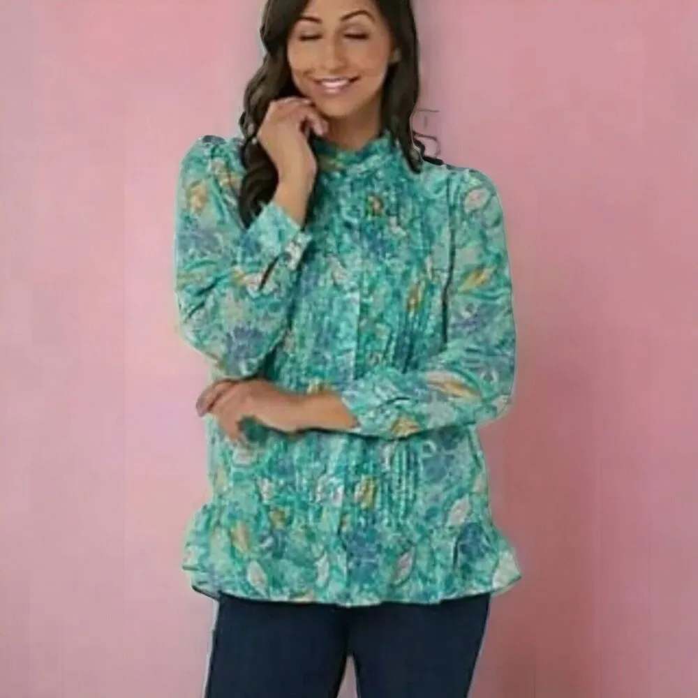 LOGO by Lori Goldstein Printed Sheer Chiffon‎ Blouse Pleat Front Teal Medium - Image 8