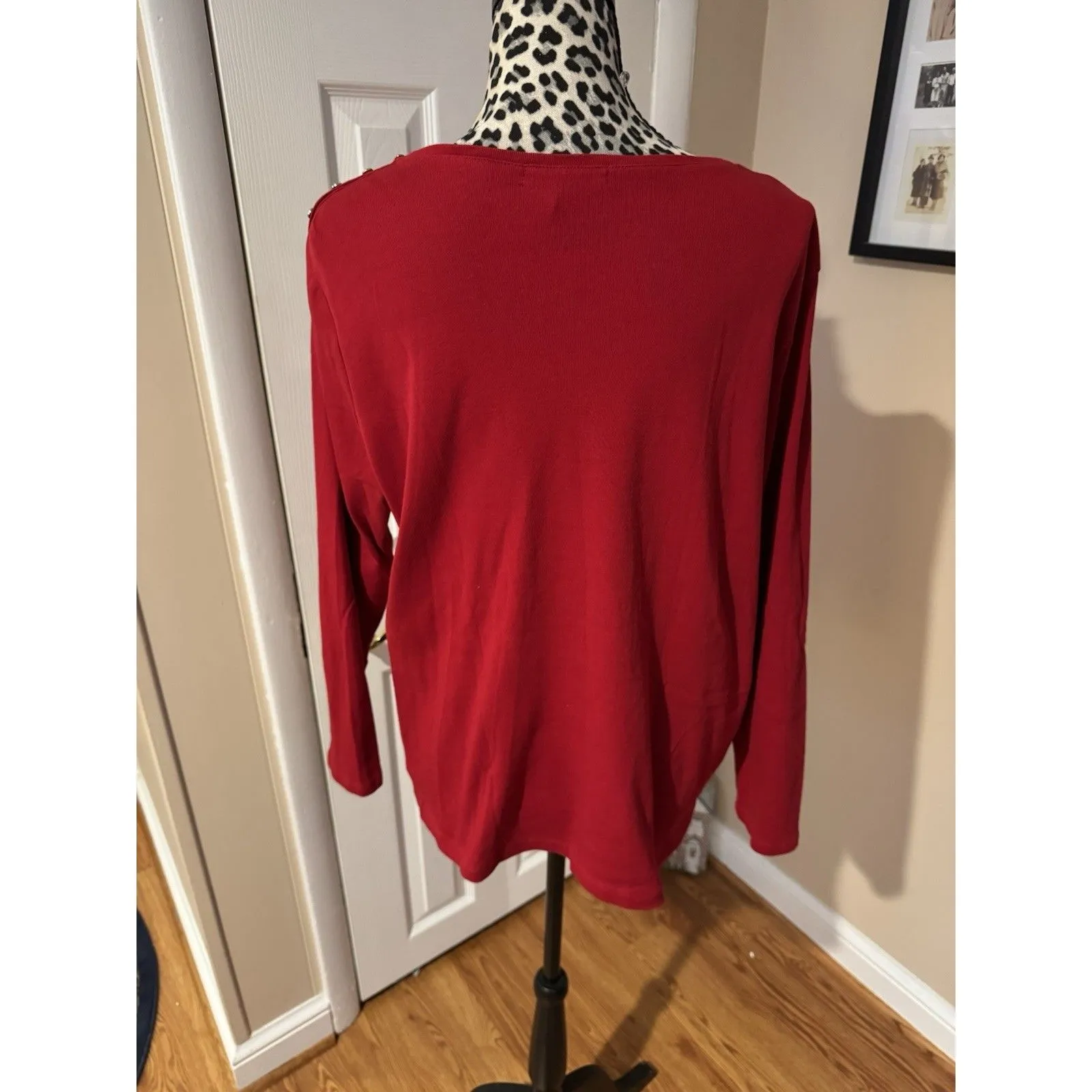 Lauren Ralph Lauren Red V-Neck Long Sleeve Top W/ Shoulder Button Detail 1X 100% - Image 2