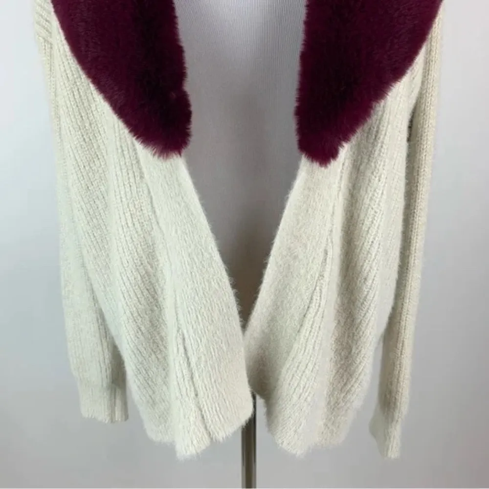 Kut from the kloth Faux fur collar Sweater Jacket Oatmeal & Maroon Burgundy - Image 6