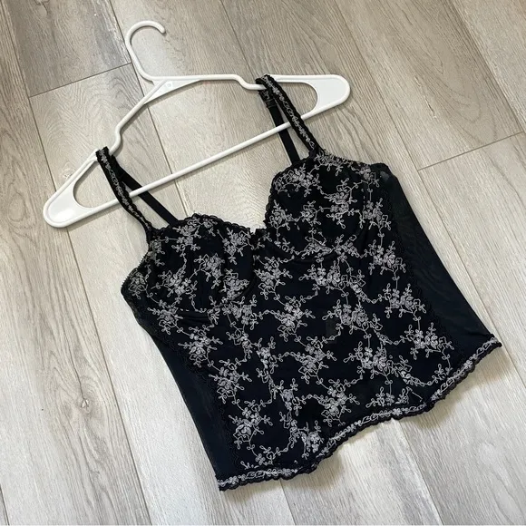 Vintage Embroidered Corset floral boned sheer womens Black (size 36a) whimsigoth - Image 1