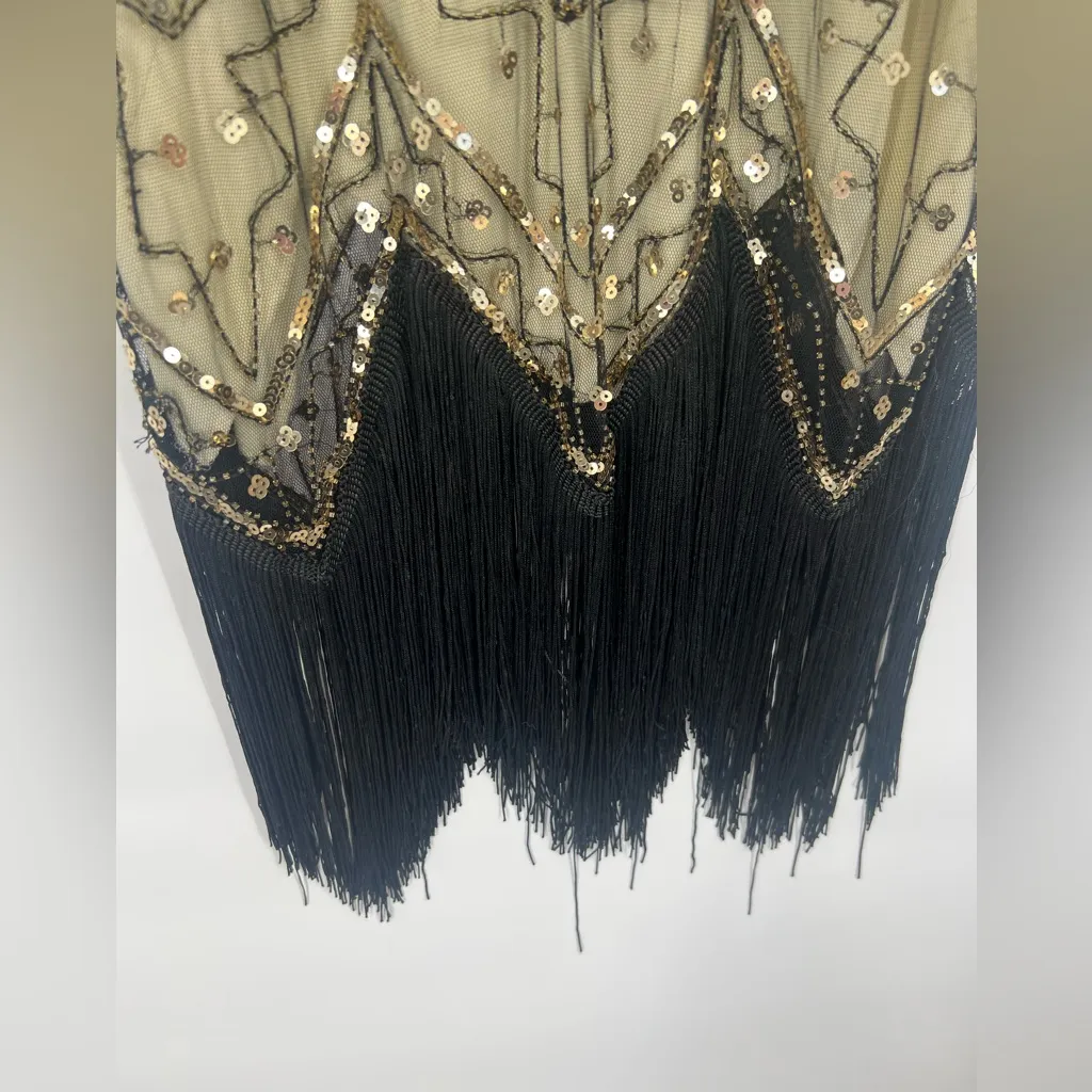1920s Flapper Great Gatsby Charleston Sequins Beaded Fringe New Year Dress Gold Size M - Image 10