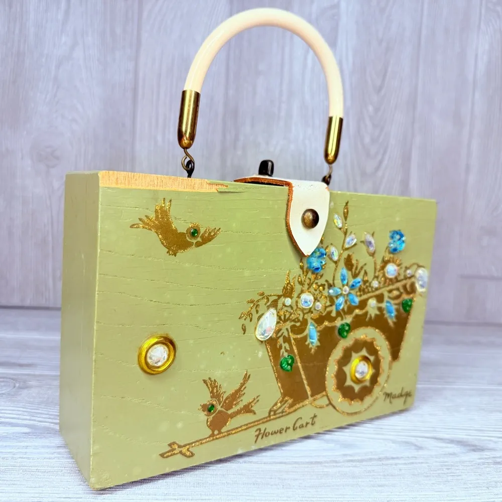 Vintage unique wooden cigar box hand clutch purse jeweled flower cart Madge Green - Image 16