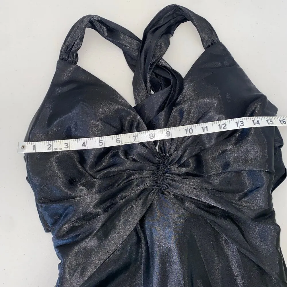 Vintage 90s La Femme Black Satin Criss Cross Cape Back Formal Gown Long Dress 6 - Image 11