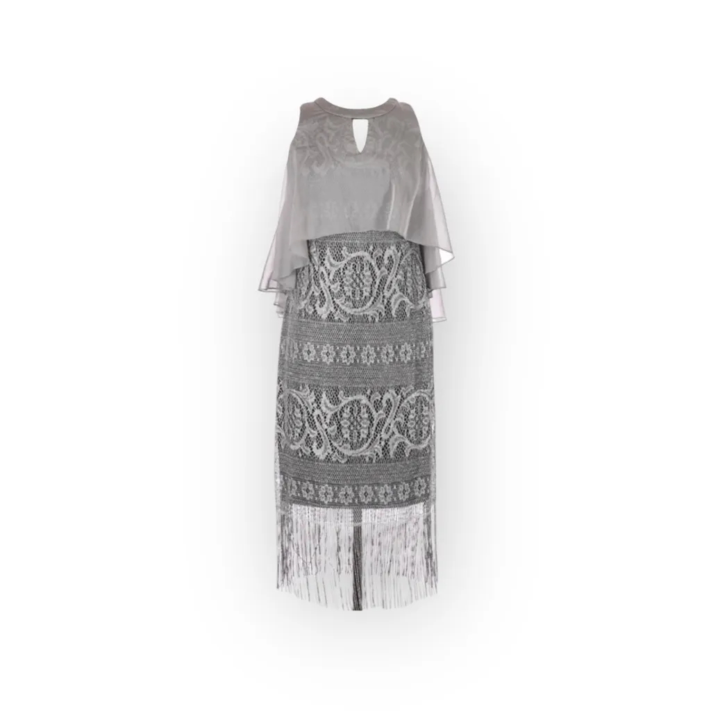 new SLNY SL ᯾ Cold Shoulder Cape Popover Fringe Cocktail Dress ᯾ Silver ᯾ Small - Image 6