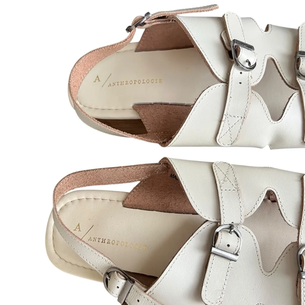 Anthropologie Women’s Buckle Tan Leather Open Toe Platform Sandals Wood Stack 41 - Image 4