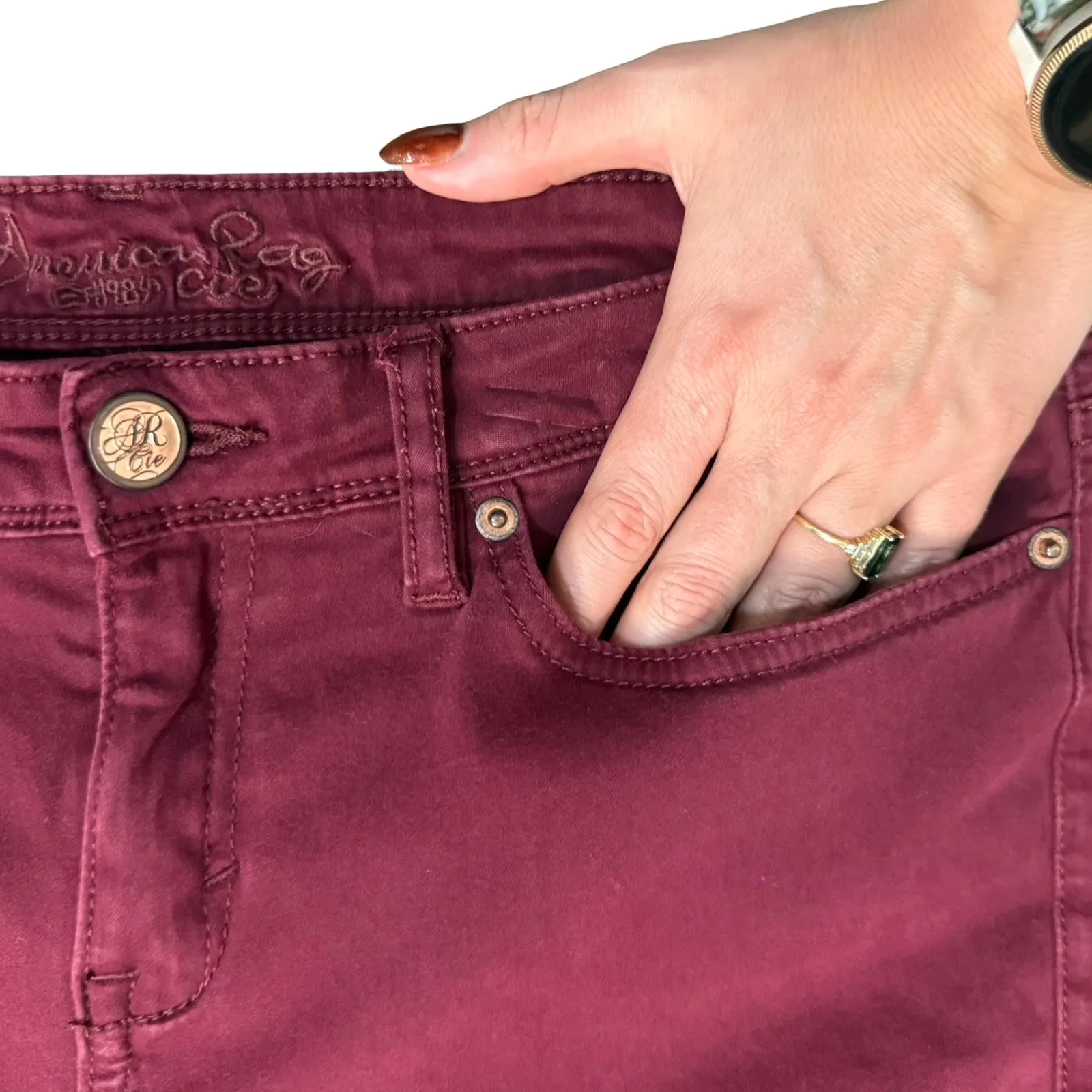 American Rag Maroon Red Burgundy Sateen 5-Pocket Skinny Pants Jeans size 11 - Image 11
