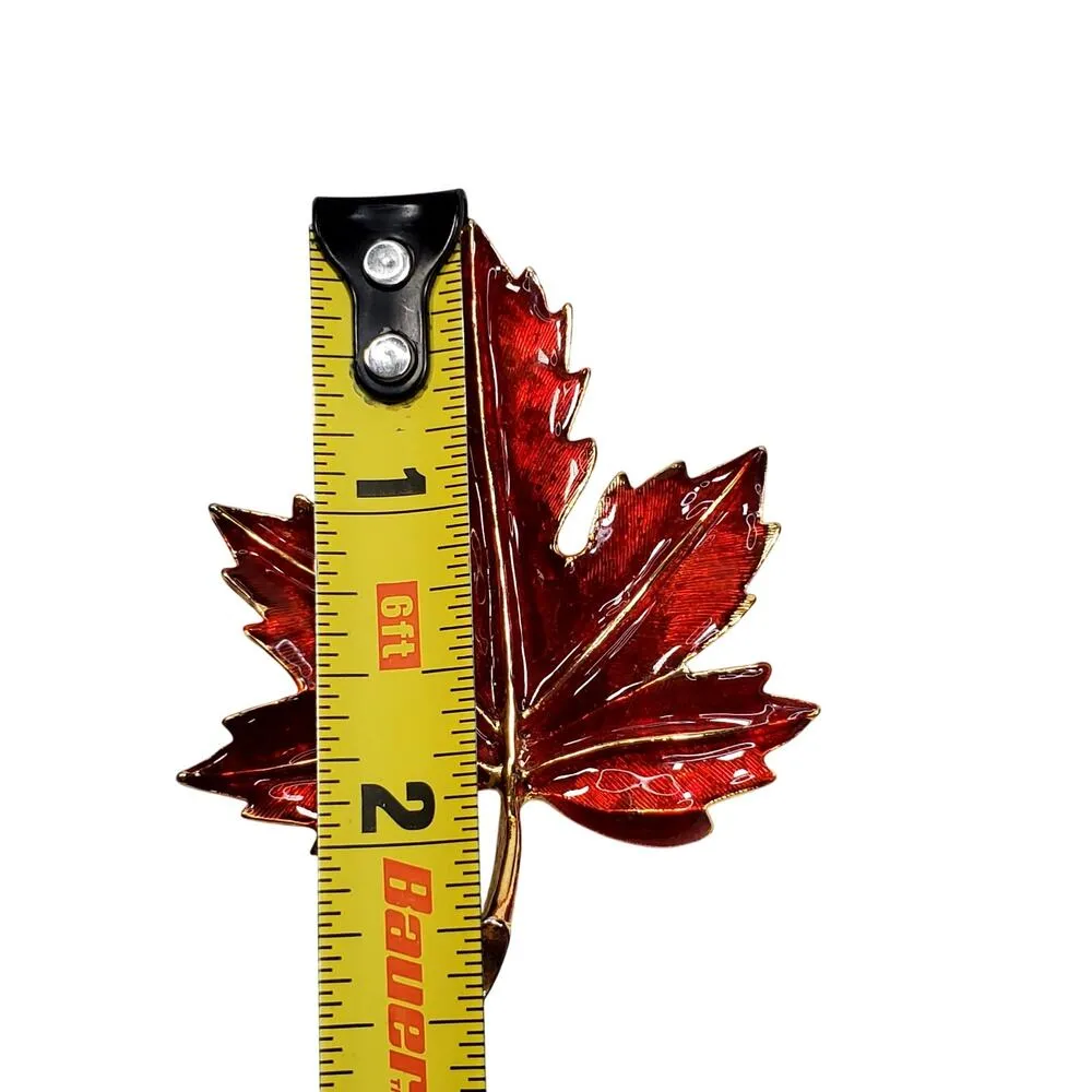 Red Enamel Autumn Fall Realistic Leaf 2.25" Vtg Gold Tone - Image 2