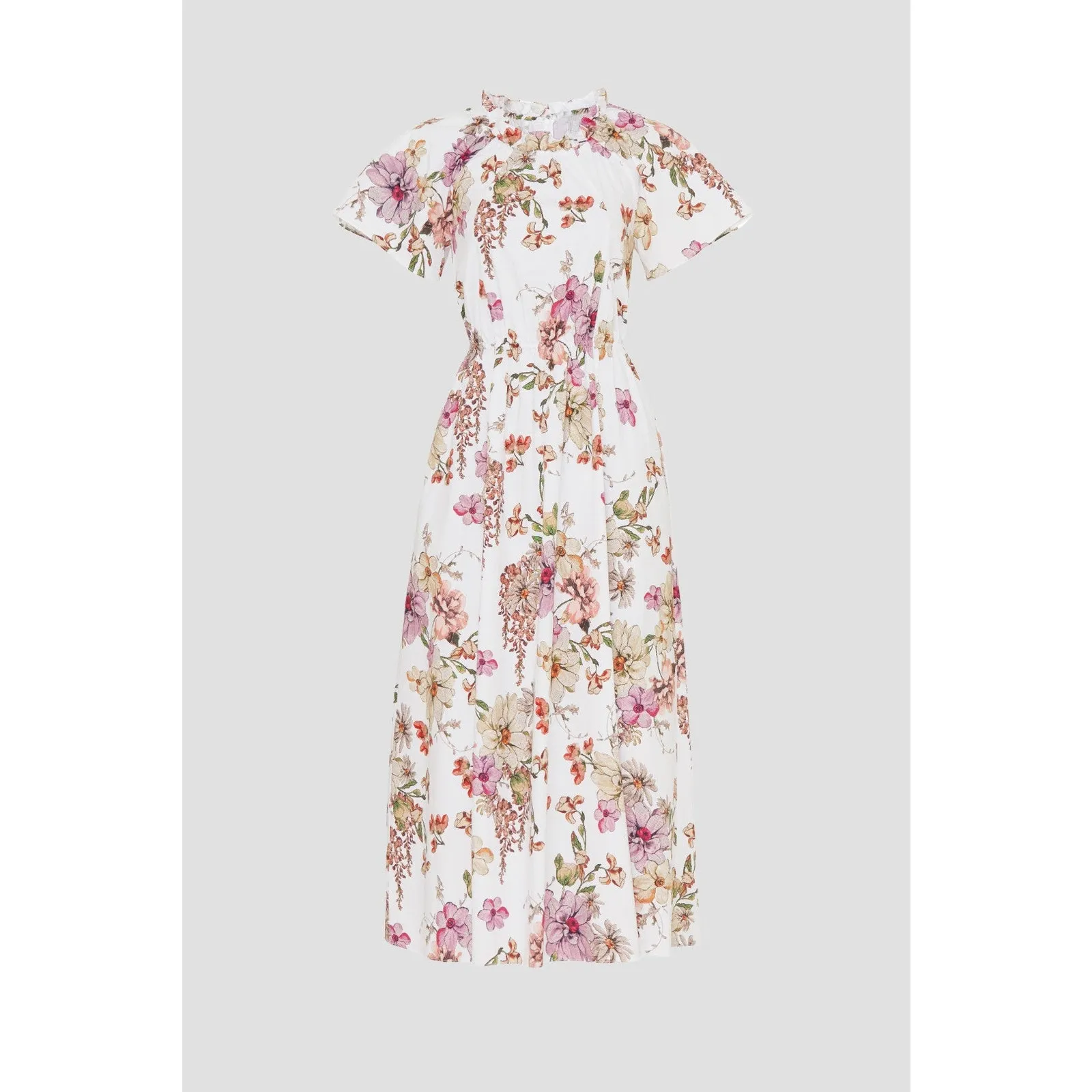 Adam Lippes White Garden Floral Print Shirred Short Sleeve Midi Dress Size 8 - Image 6