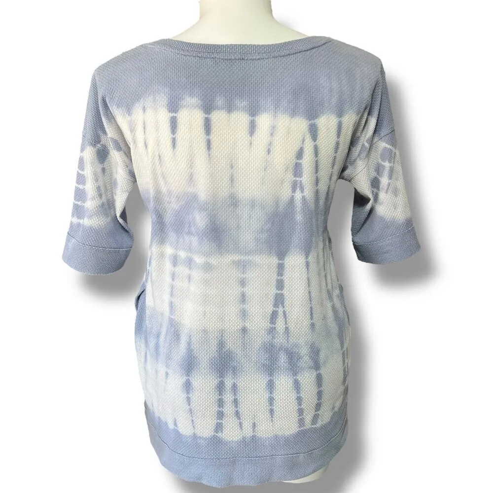 Easel Womens Waffle Knit Sweater Shirt Top Short Sleeve Tie Dye Blue White Large - Image 4