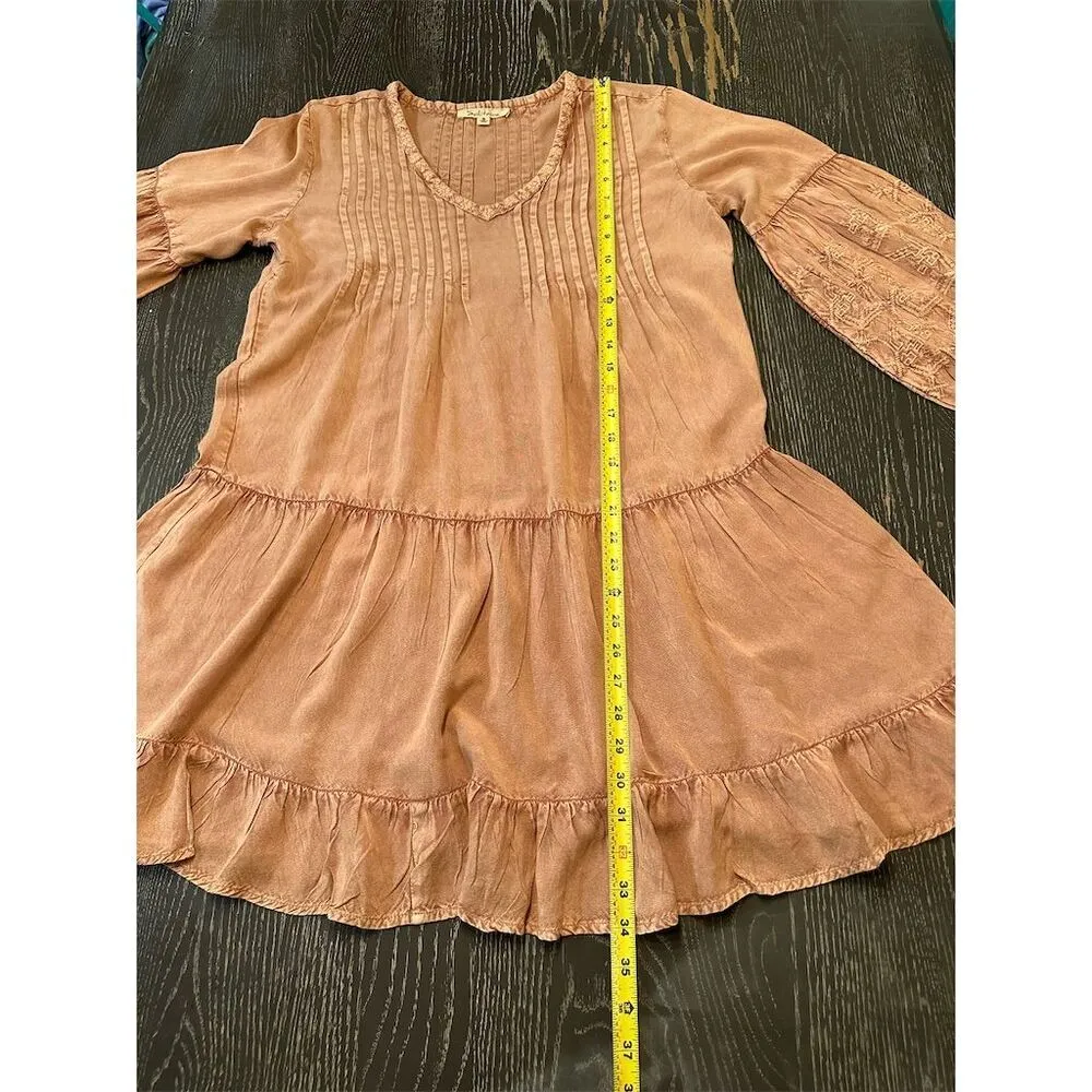 Solitaire Women's Boho A-Line Dress Tan/Pink Long Sleeve V-Neck Size S - Image 11