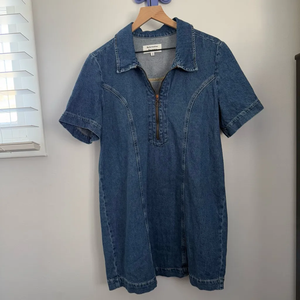 Reformation 12 Loeb Denim Mini Dress 1/4 Zip Up western country festival - Image 2