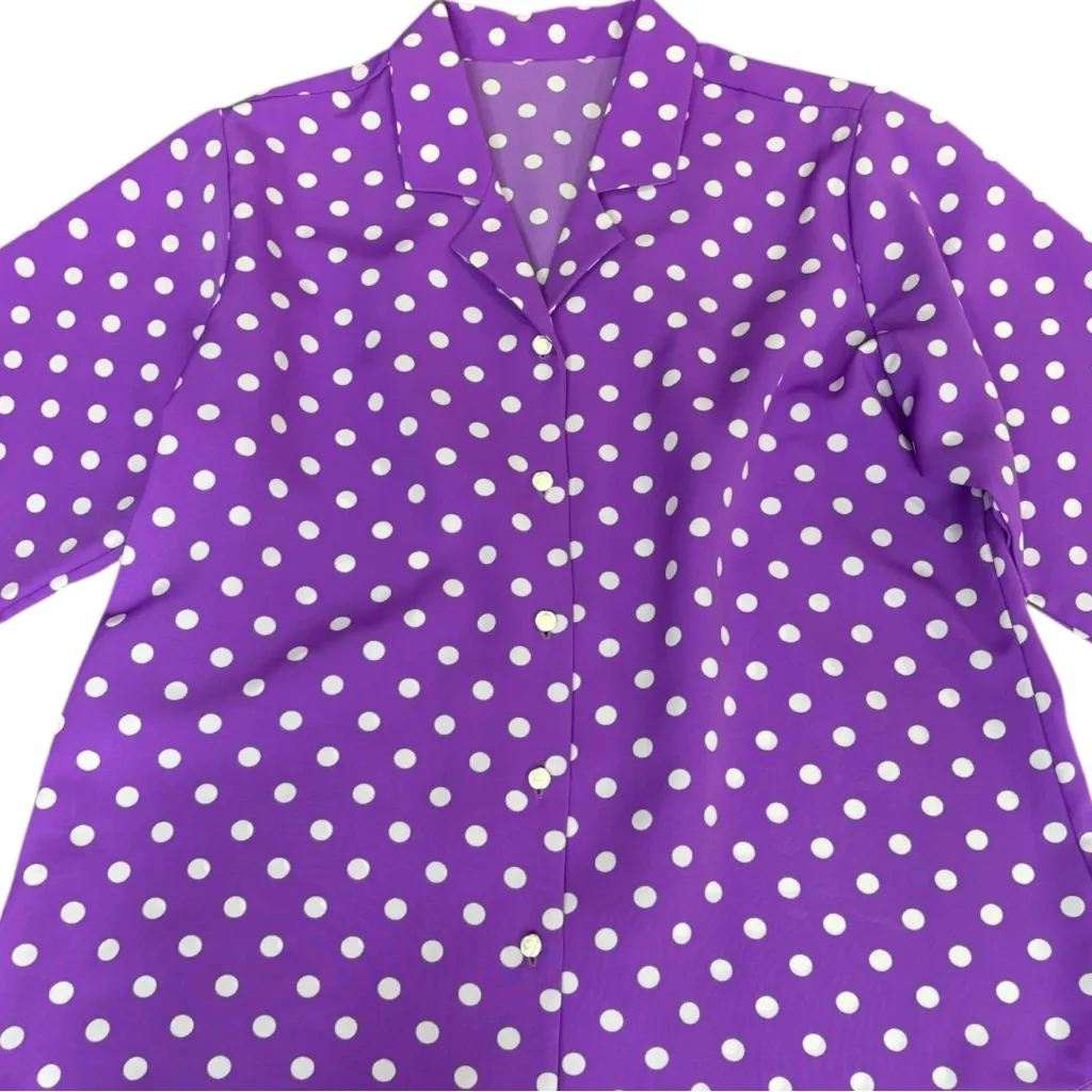 Vintage Purple Polka Dot Blouse White Dots Handmade Rose Button Front Top Size M Size L - Image 9