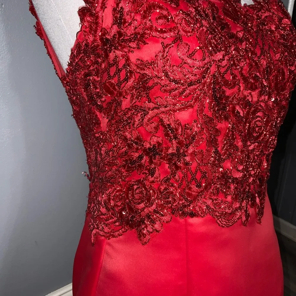 Red Mermaid Sleeveless Floral Lace Embroidered Beaded Fitted Formal Prom XS - Image 8