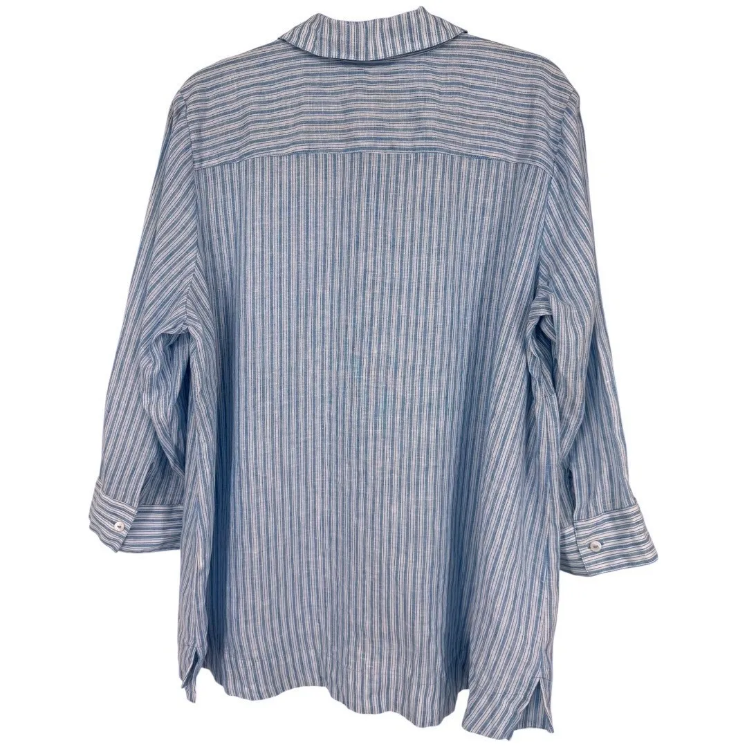 Foxcroft Harley Linen Blue White Striped 3/4 Sleeve Button Down Shirt Size 16W - Image 6