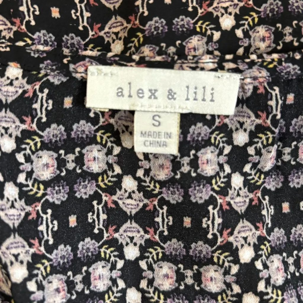 Sleeveless Floral Blouse Top Small Black Smocked Waist V Neck Surplice Wrap Pink - Image 5