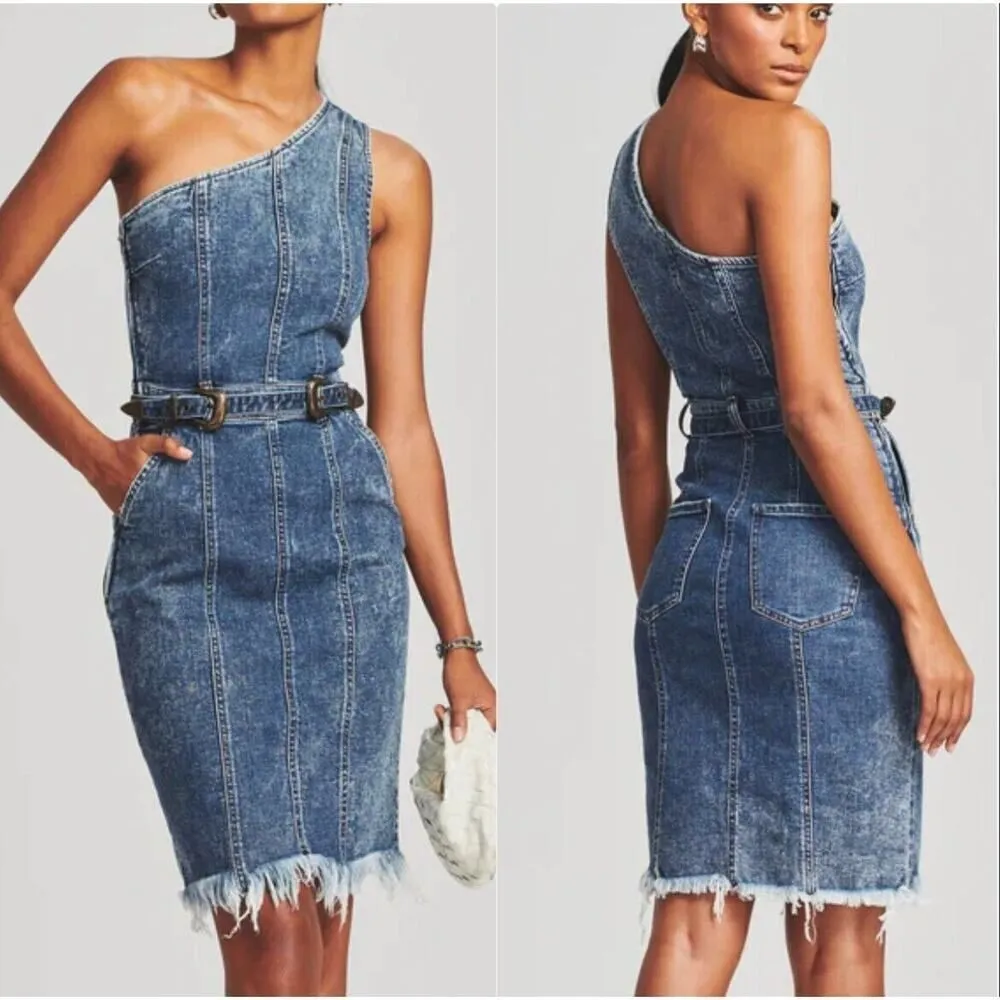 Retrofete Dress Womens XS Denim Fitted Belted Festival Boho Fringe Cowgirl Jean Blue - Image 2