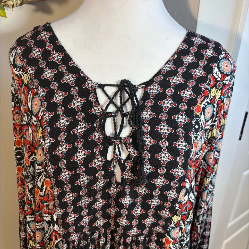 Uncle Frank Festival Boho Dress XL – Lace-Up Babydoll Crinkle w/ Pockets🧡 - Image 2