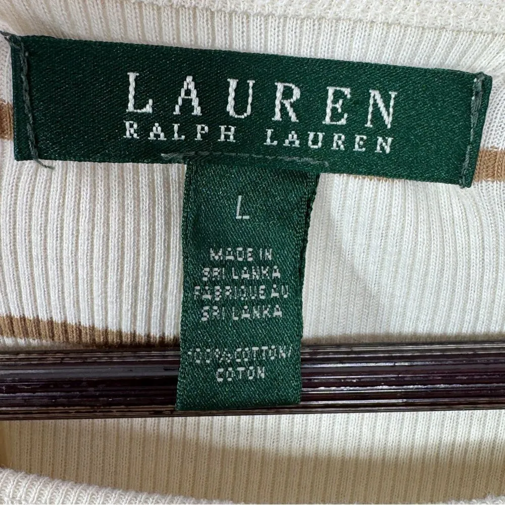 Lauren Ralph Lauren Striped Elbow Patch Ribbed‎ Knit T Shirt Cream Tan Large - Image 9