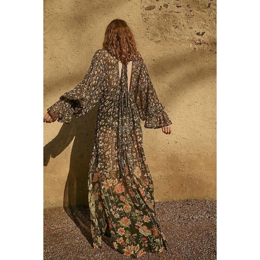 NEW Rococo Sand Hana Kaftan Dress Womens M Floral Printed Flowy Boho Maxi Black Size M - Image 3