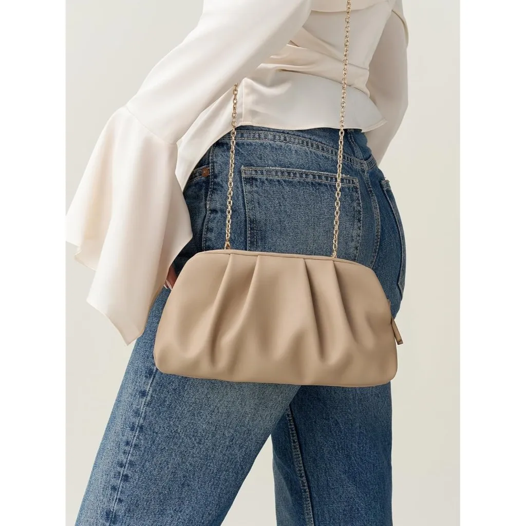 ⚡Women's Soft Pleated Vegan Leather Zipper Closure Evening Tan Clutch Bag - Image 3