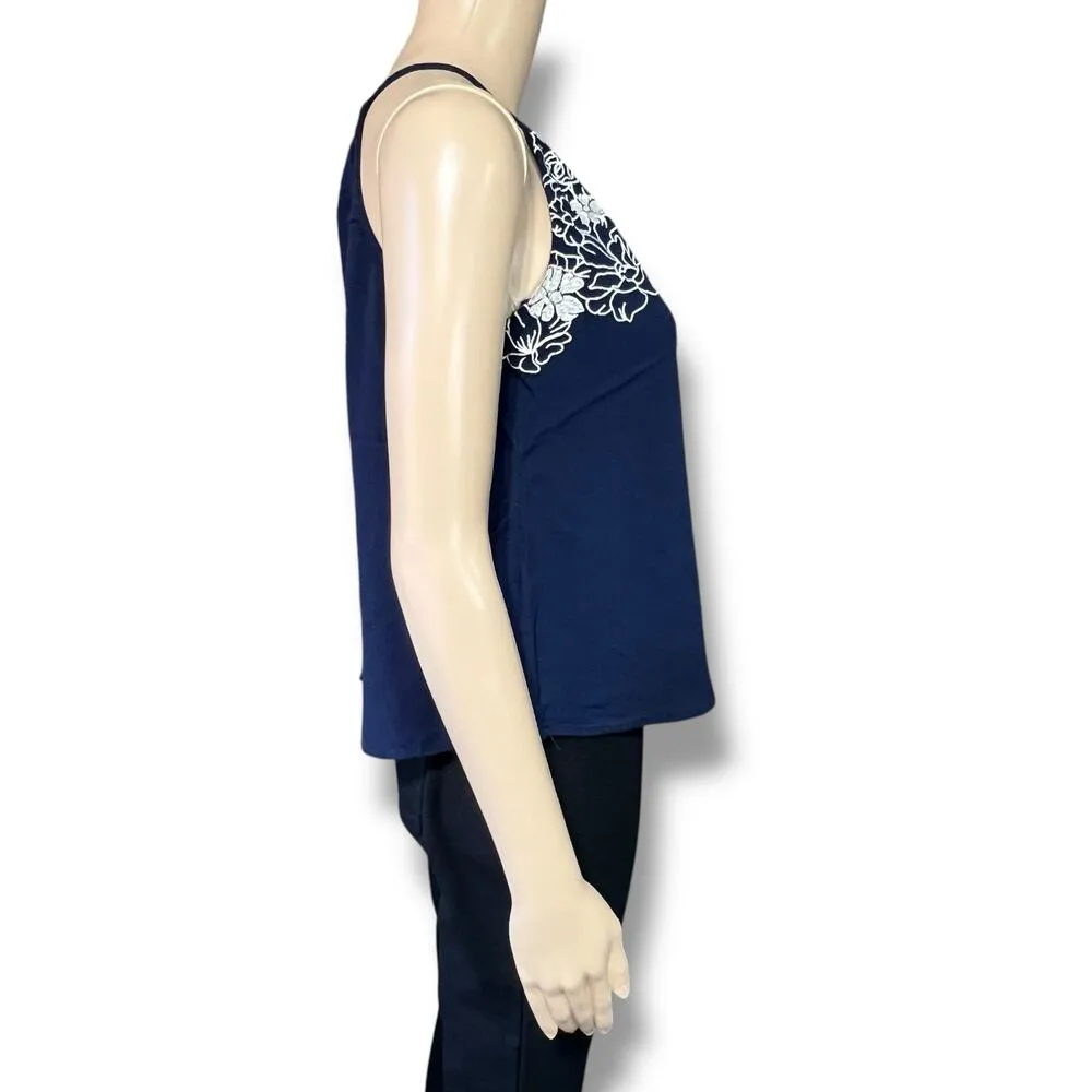eyeshadow Womens Tank Top Embroidered Floral Design Navy Blue White Medium - Image 3
