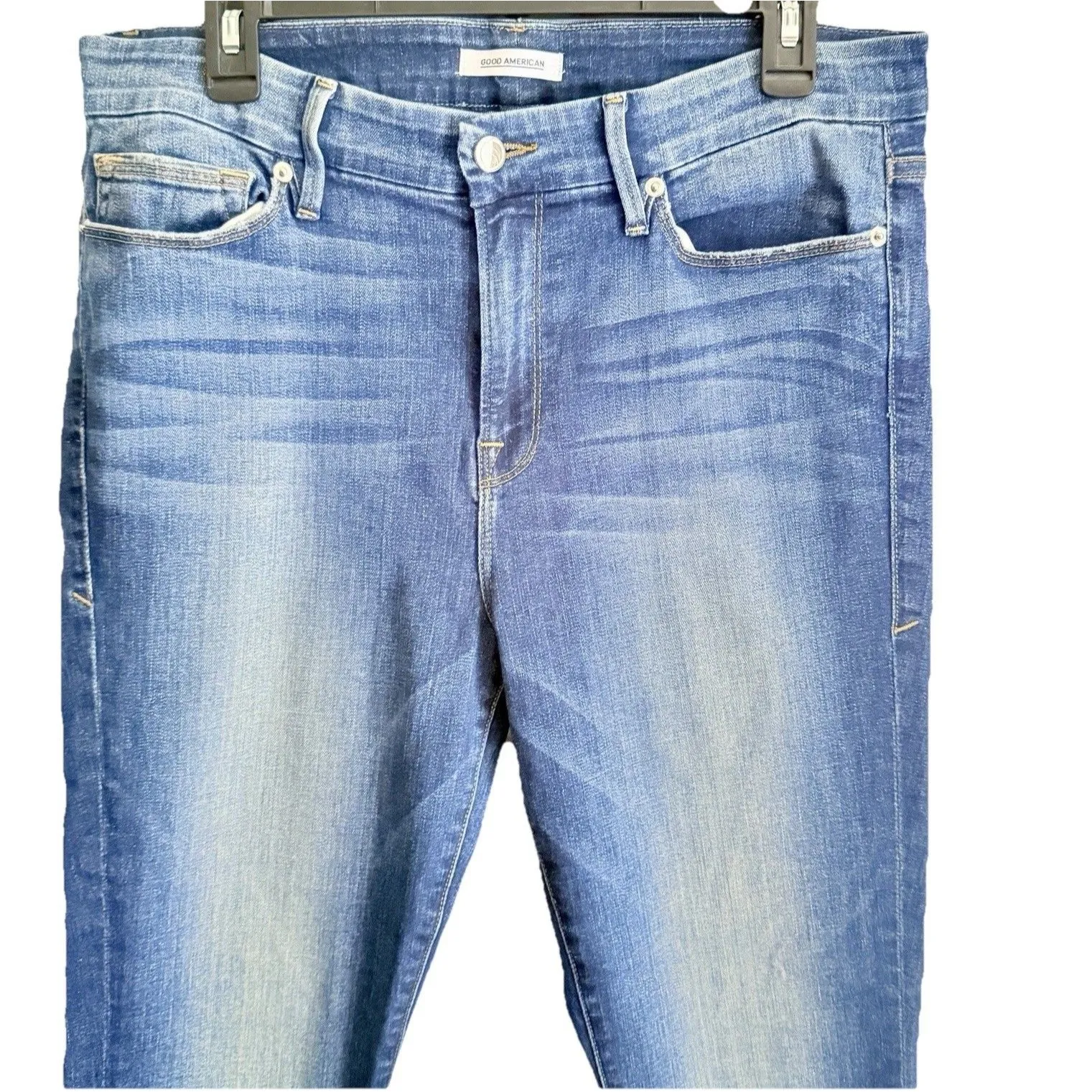 Good American Good Legs Bootcut Crop Jeans 14/32 Blue Distressed Made in USA - Image 2