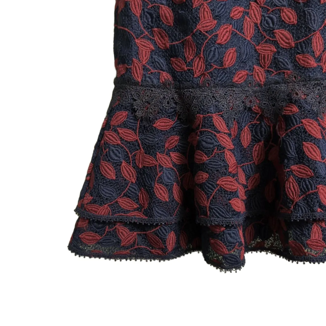 SHANI Navy Burgundy Embroidered Lace Flounced Hem Short Sleeve Sheath Dress 4 Blue - Image 6