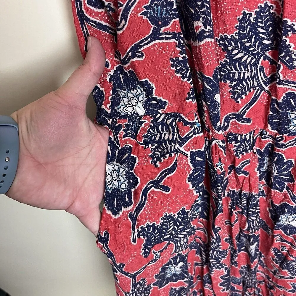 Knox Rose Tiered Midi Dress Sz XL Floral Red & Blue Boho Pockets Flutter Sleeve - Image 7