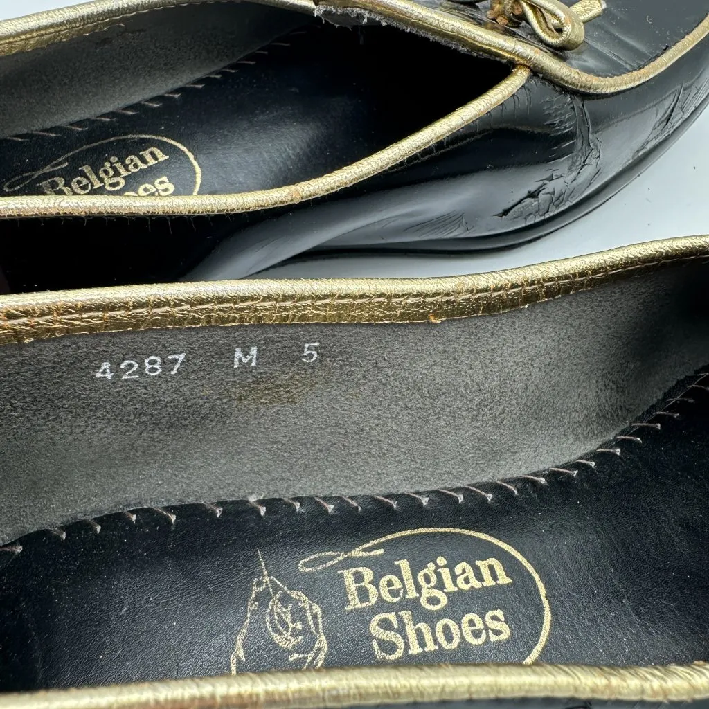 Belgian Shoes Midinette Loafers Black Patent Leather Gold Trim Bow M 5 (4287) - Image 8