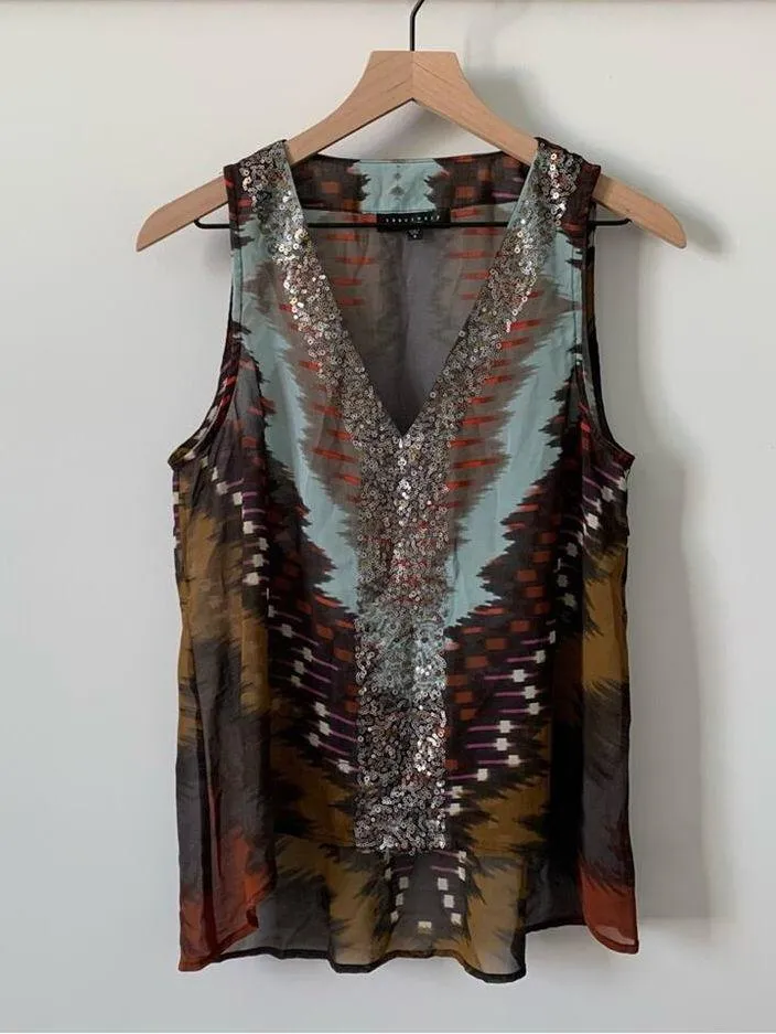 Sanctuary  High Low V-Neck Sequin Neckline Sleeveless Tank Top Blouse Multicolor - Image 9