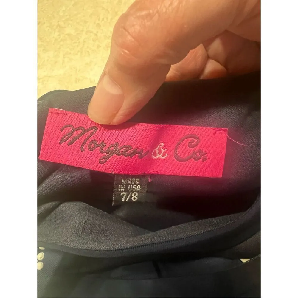 Morgan & Co Strapy Open Criss Cross Back Maxi Gown Dress Sz 7/8 Navy/White NWT Blue - Image 3