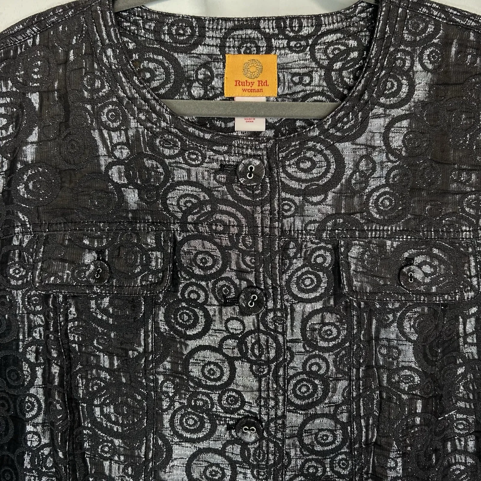 Ruby‎ Rd Jacket Blazer L Size 20W Black Silver Swirl Metallic Button Up Holiday - Image 2
