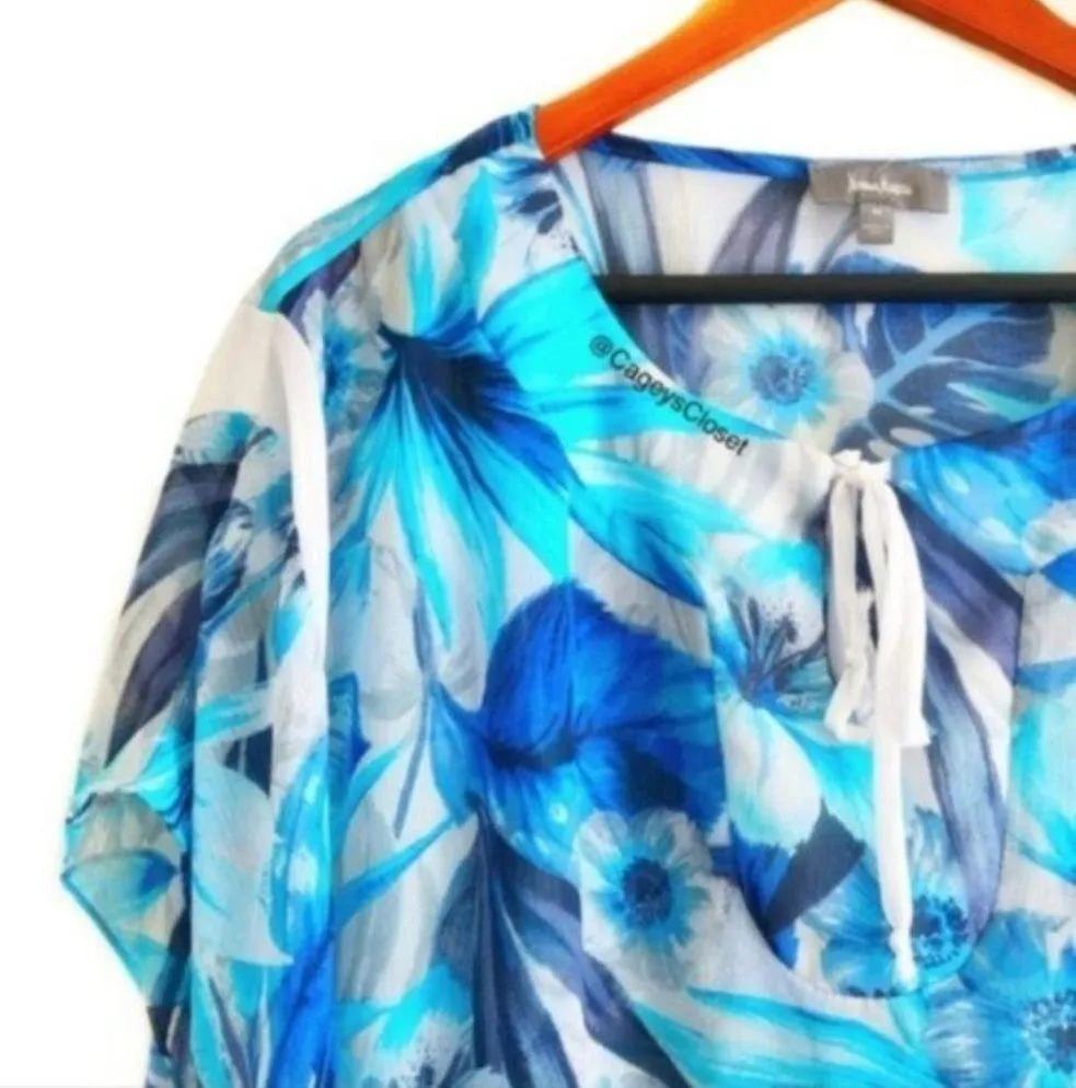 Neiman Marcus Blonde M Sheer Caftan Blue Floral Print Tie-Front Beach Vacation - Image 5