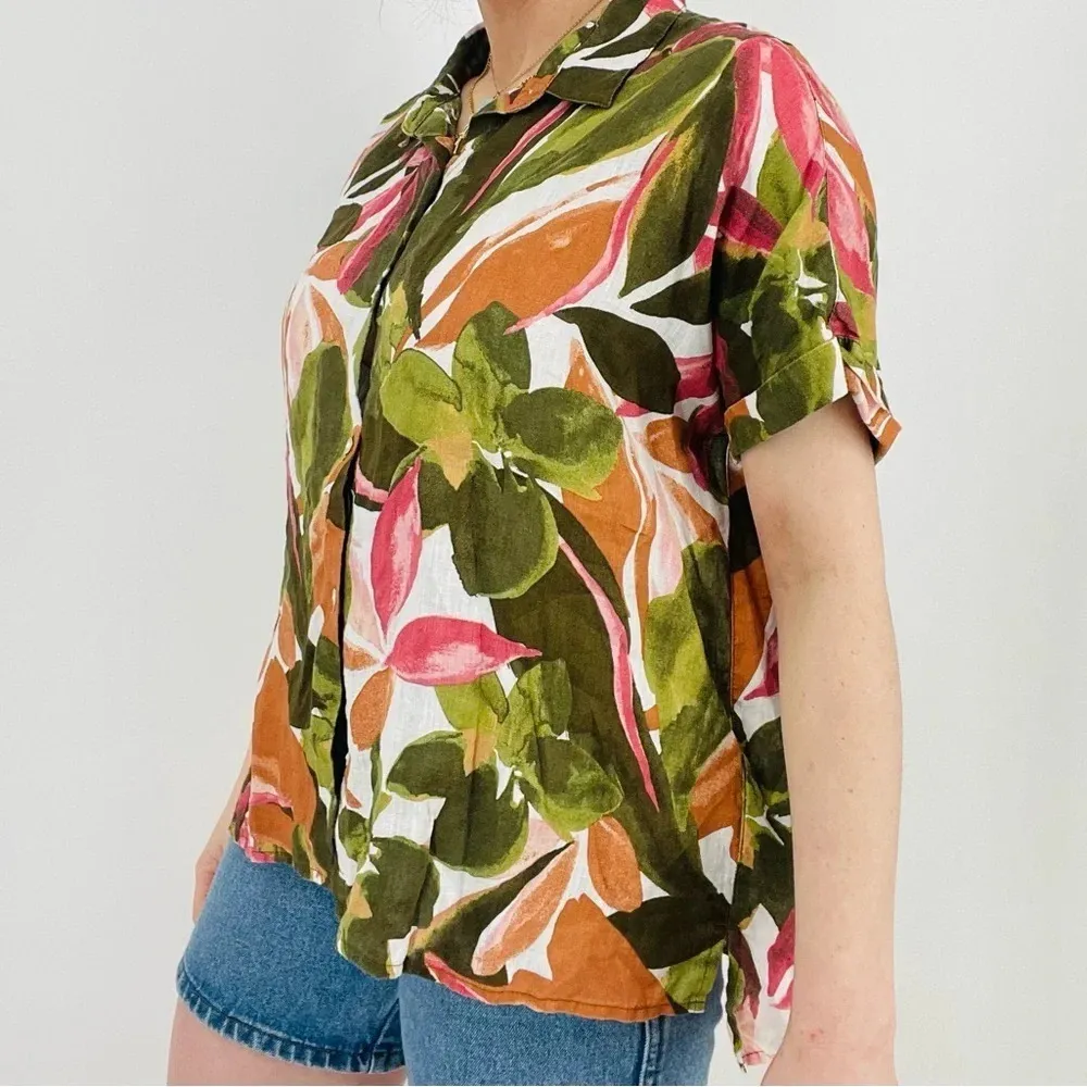 rachel zoe 100% linen button down top clementine orange and palm frond green L - Image 3