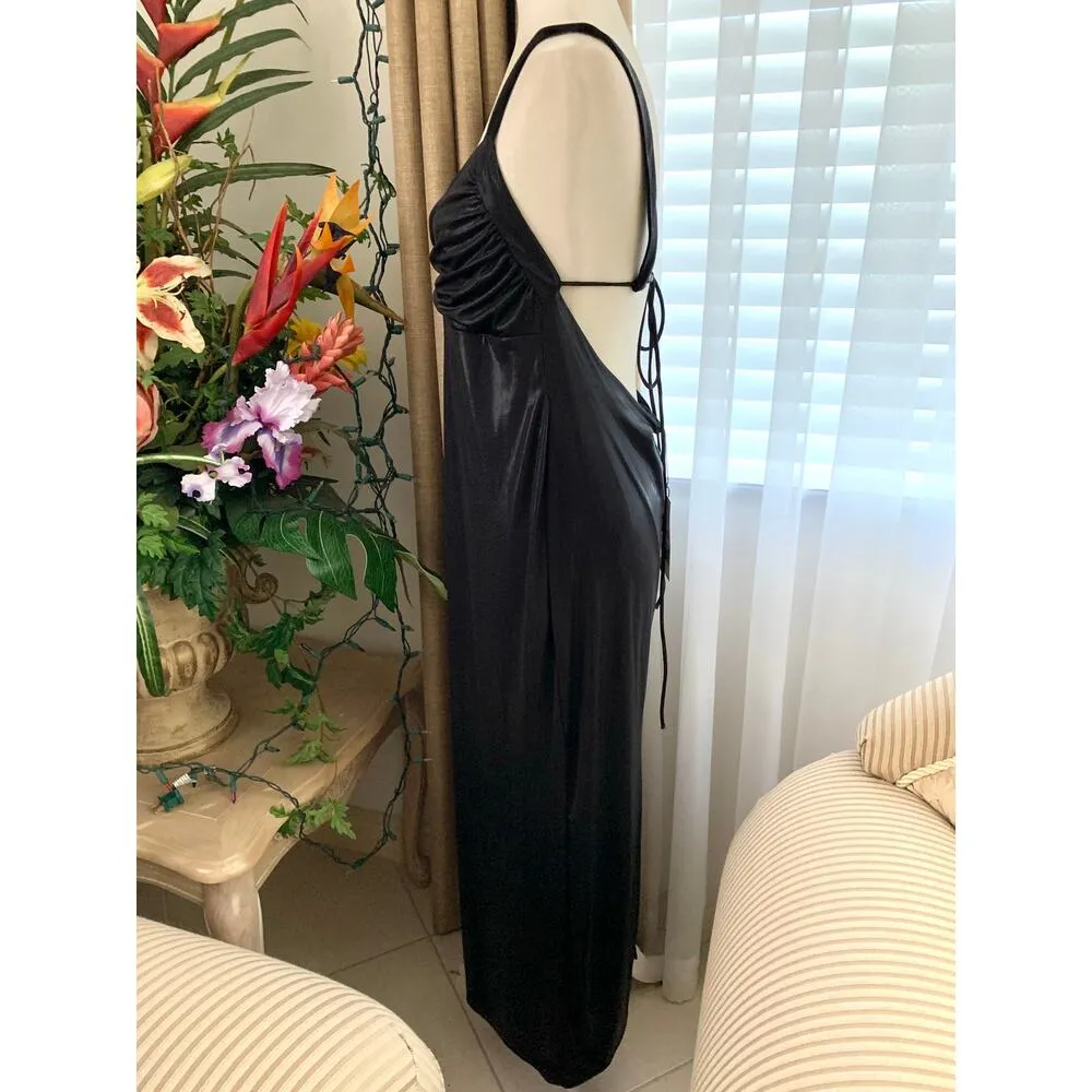 Zara Long Ruched Oil Slick Fabric Maxi Dress with Back Slit in Black - Image 9