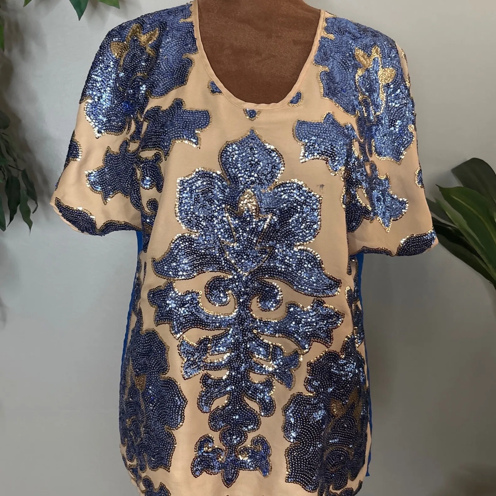 Tracy Reese Neiman Marcus Sequin Embellished Tunic Top Blue Tan Women's Small - Image 1