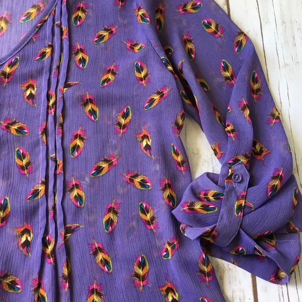 Bird Feather Print Top Women M Mossimo Sheer Chiffon 3/4 Length Balloon Sleeve Purple Size undefined - Image 3
