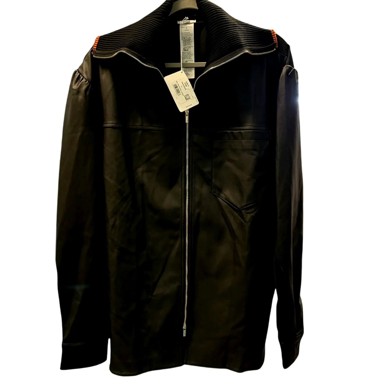 Faux Leather Jacket, Wolford 80s Streetstyle Burnt Orange Stripe Size Large NWT Black - Image 2