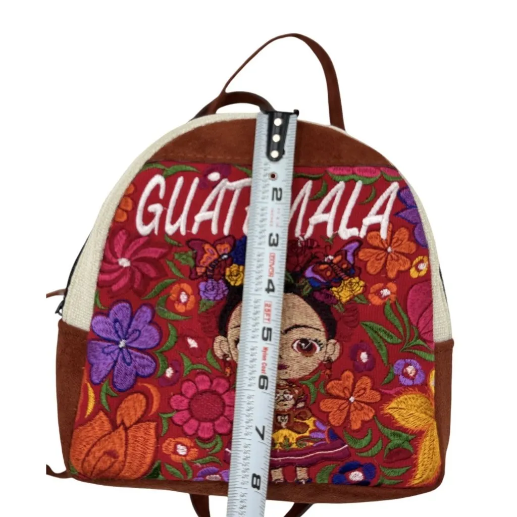 Handmade Guatemala Embroidered Mini Backpack Suede & Woven Fabric Material Brown - Image 5