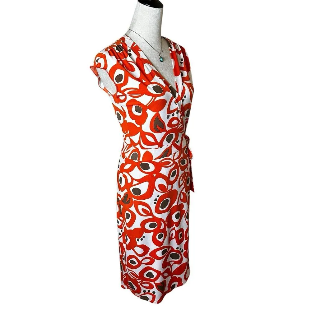 Bisou Bisou Orange Abstract Print Wrap Dress Sz 6 Business Casual Office Career - Image 2