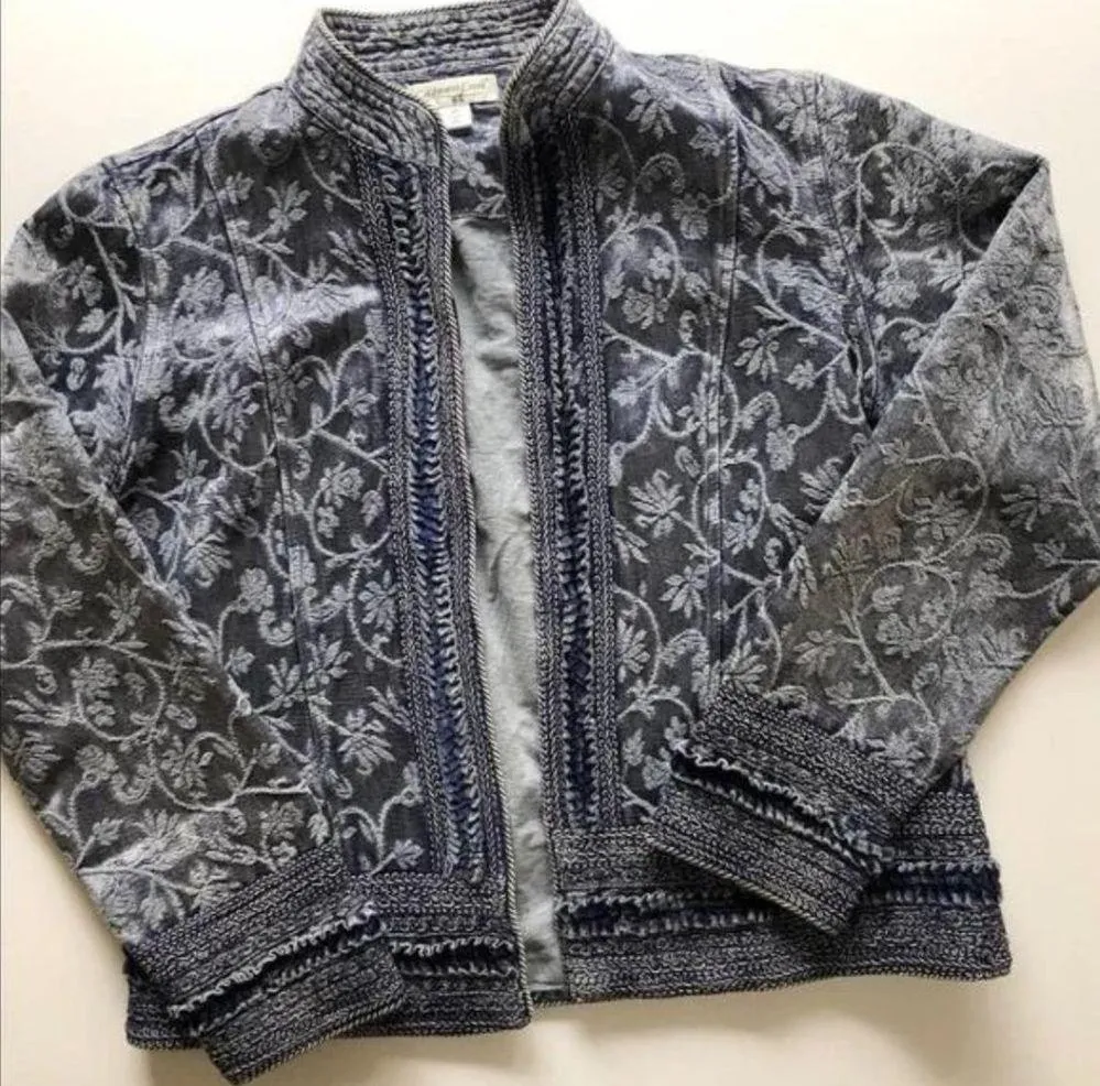 Coldwater Creek Blue Shiny Embroidered Jacquard Open Front Jacket Blazer Med/Lg - Image 3